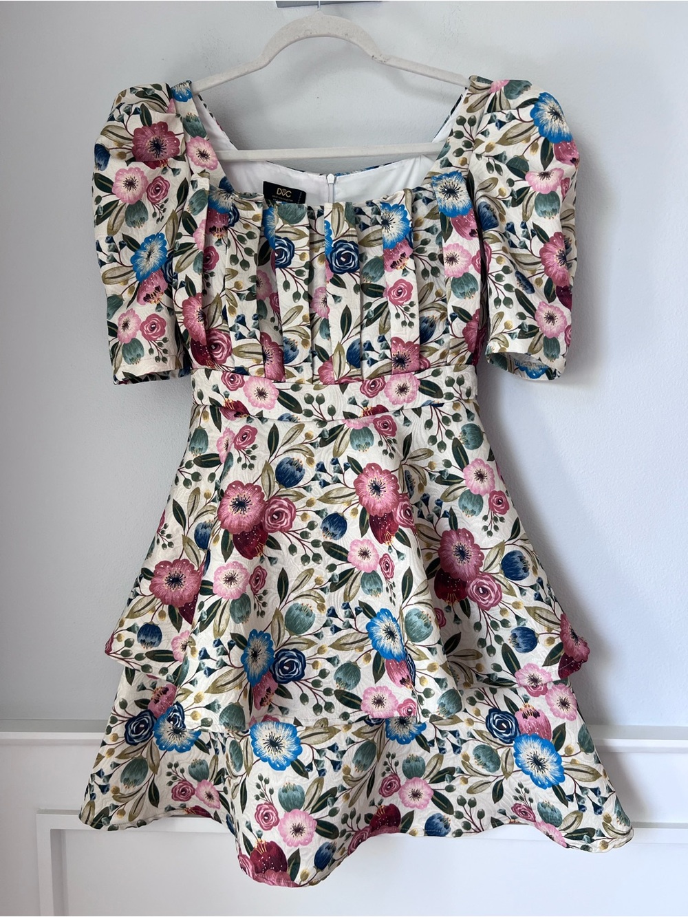 Floral Puff-Sleeve Mini Dress in Cream with Pink & Blue Blooms